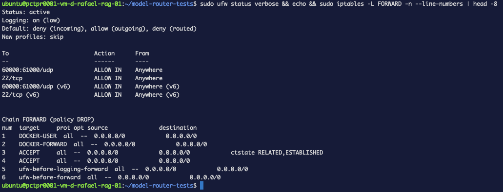 UFW active with deny incoming, and Docker's chains ahead of UFW's in FORWARD