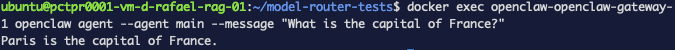 Terminal showing the agent answering "Paris is the capital of France." after switching to WEC