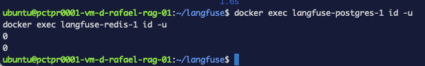 Both id -u checks returning 0 — both containers running as root
