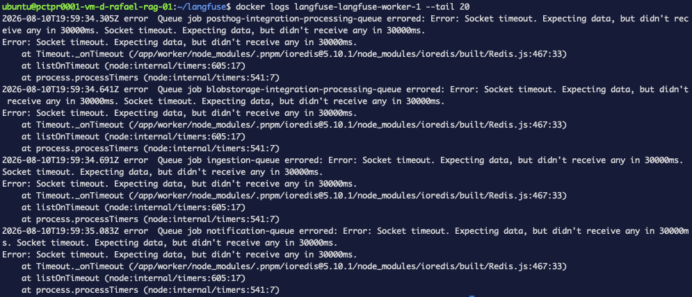langfuse-worker's logs showing repeated 30-second socket timeouts against Redis, one per queue