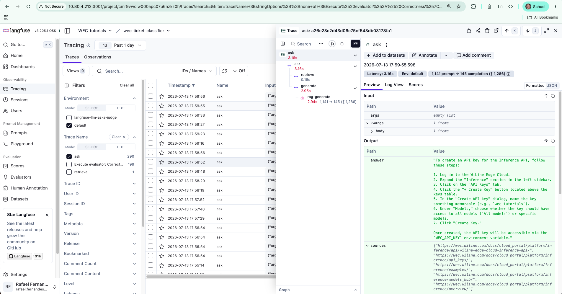 The RAG request as a span tree in Langfuse