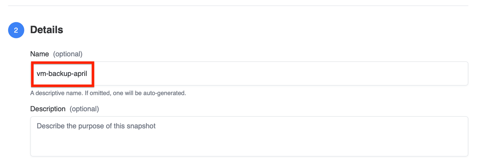 Snapshot name input