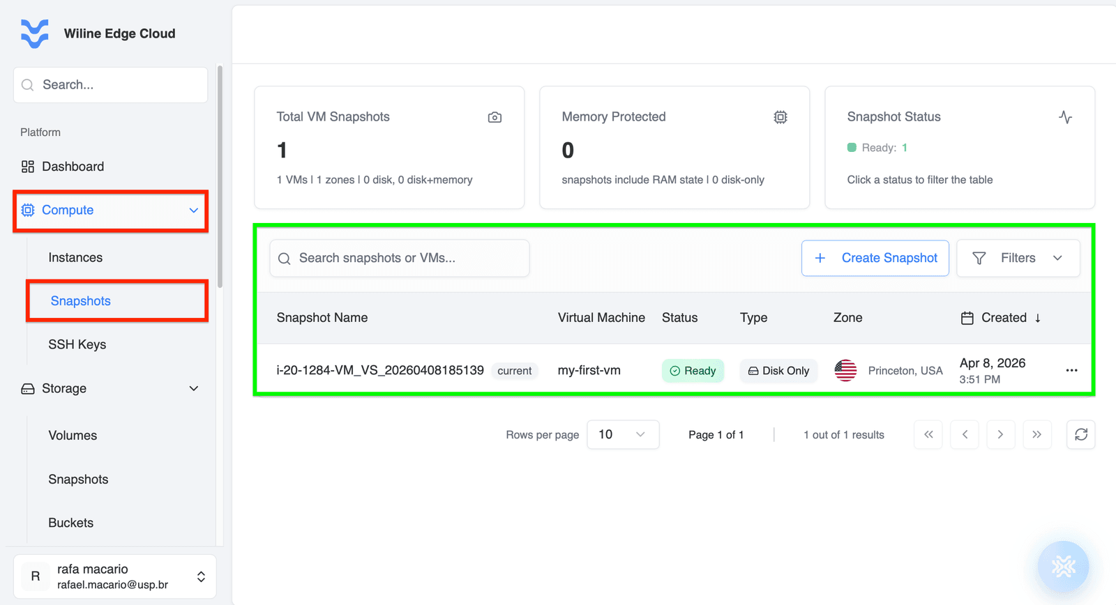 Snapshots dashboard with snapshot list