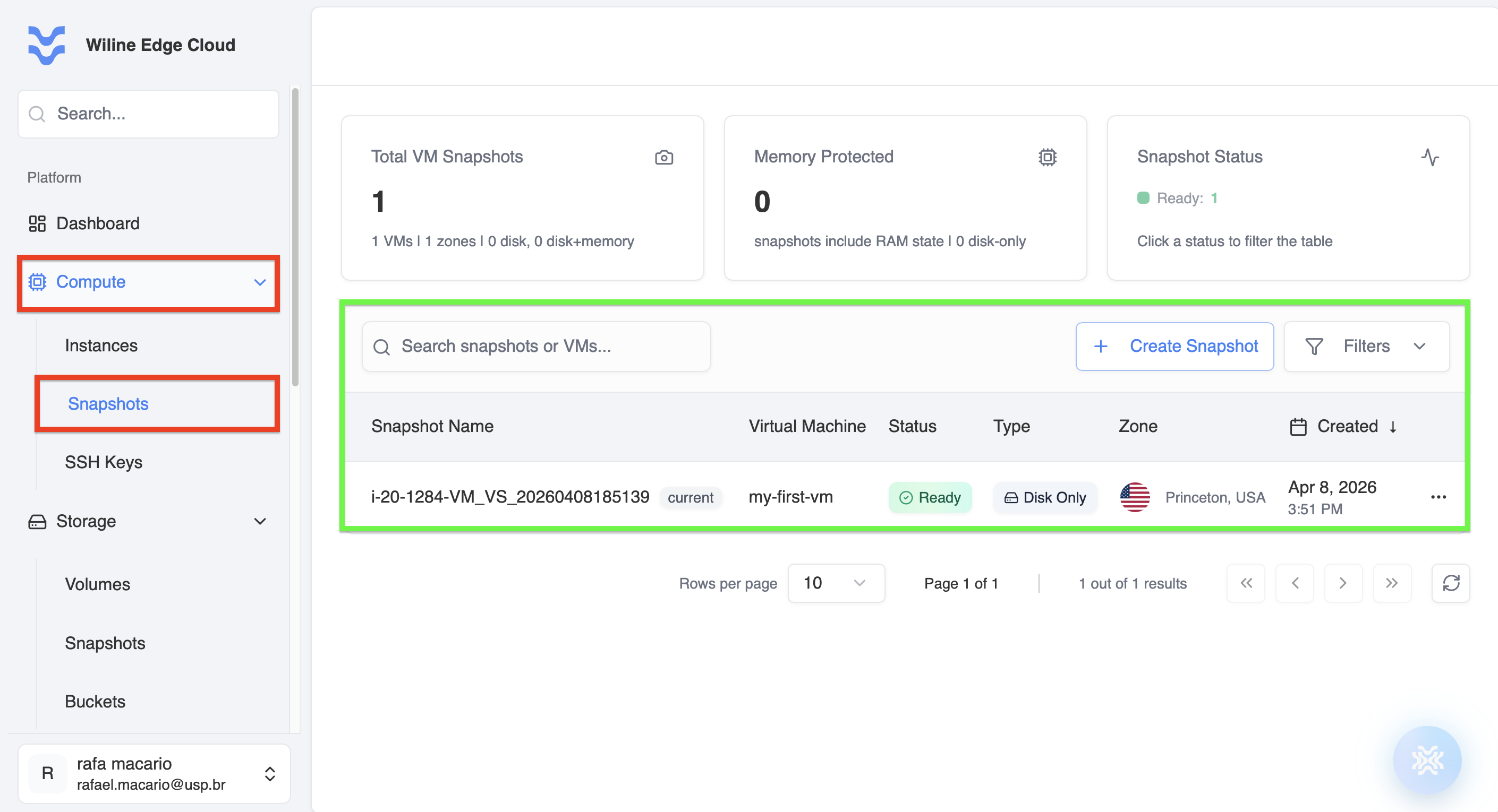 Snapshots dashboard with snapshot list