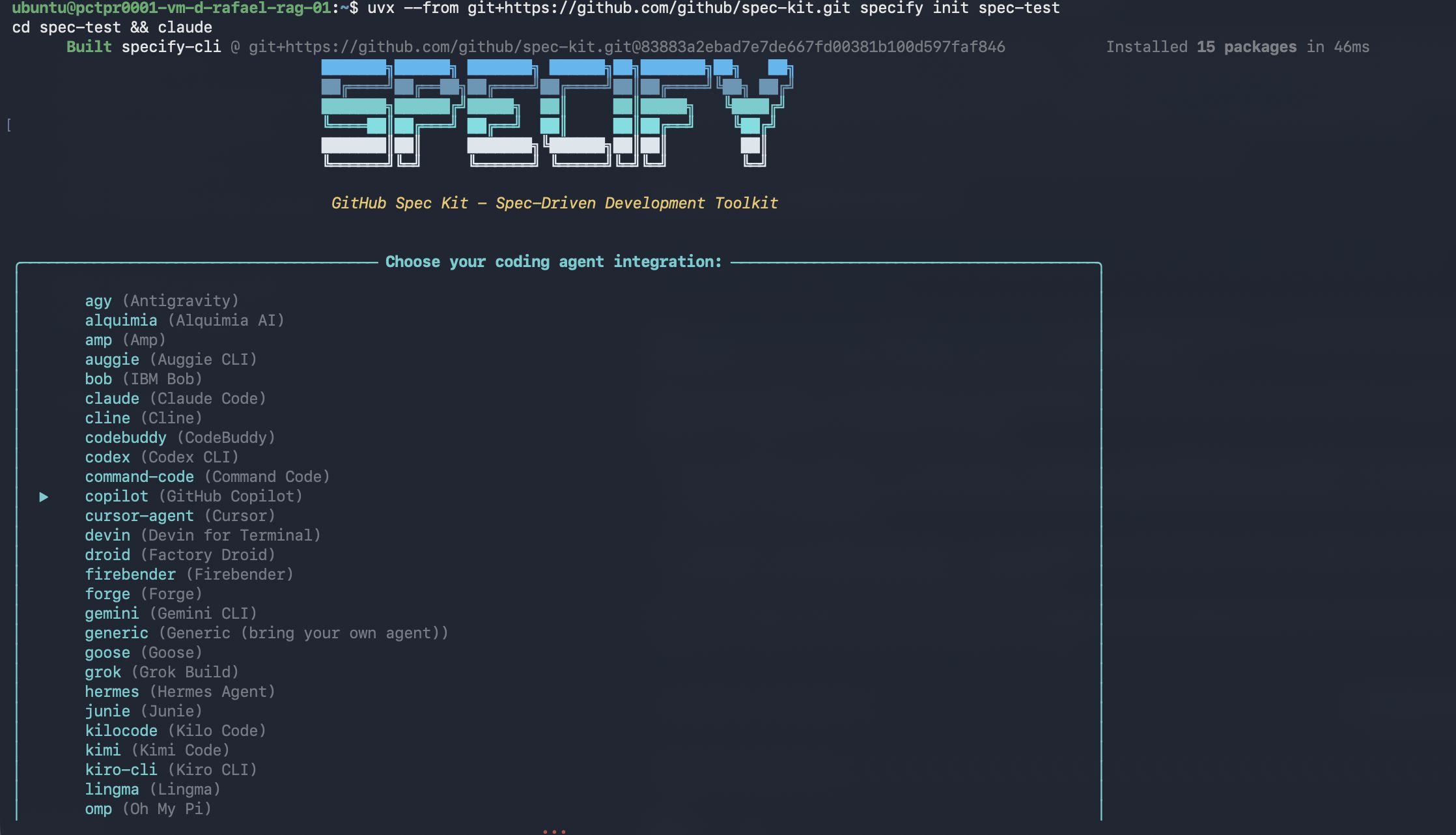 Spec Kit's setup prompt listing more than thirty coding agent integrations, including Claude Code, GitHub Copilot, Cursor, Gemini CLI, Devin, Grok and IBM Bob.