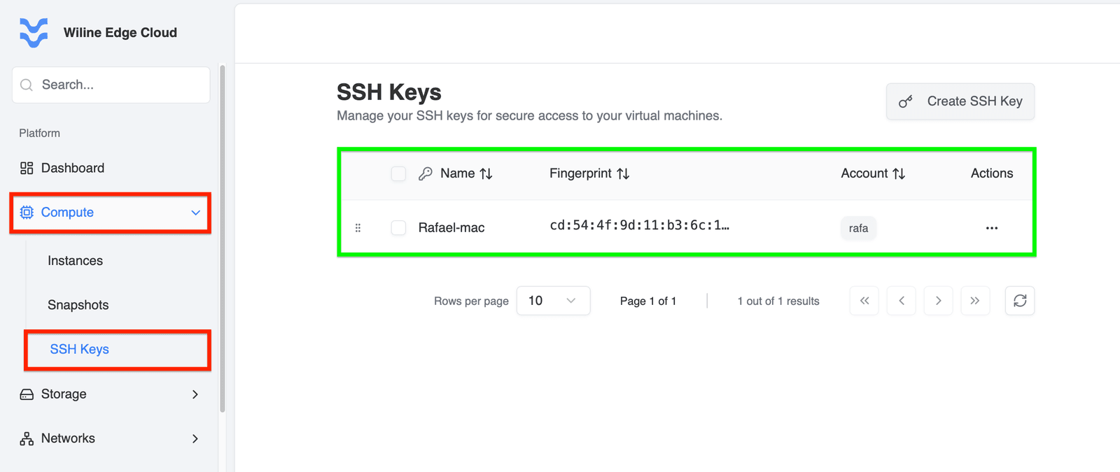 SSH Keys dashboard after adding a key