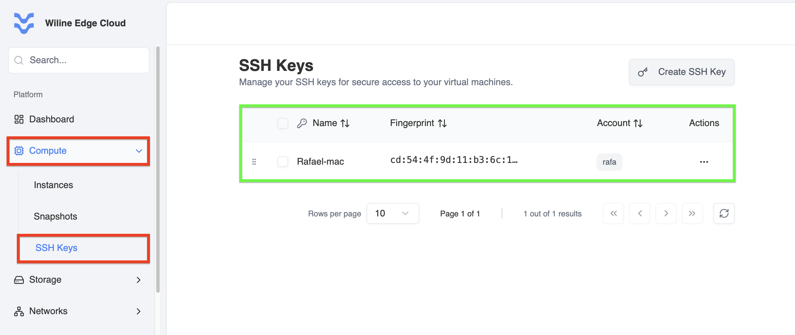 SSH Keys dashboard after adding a key