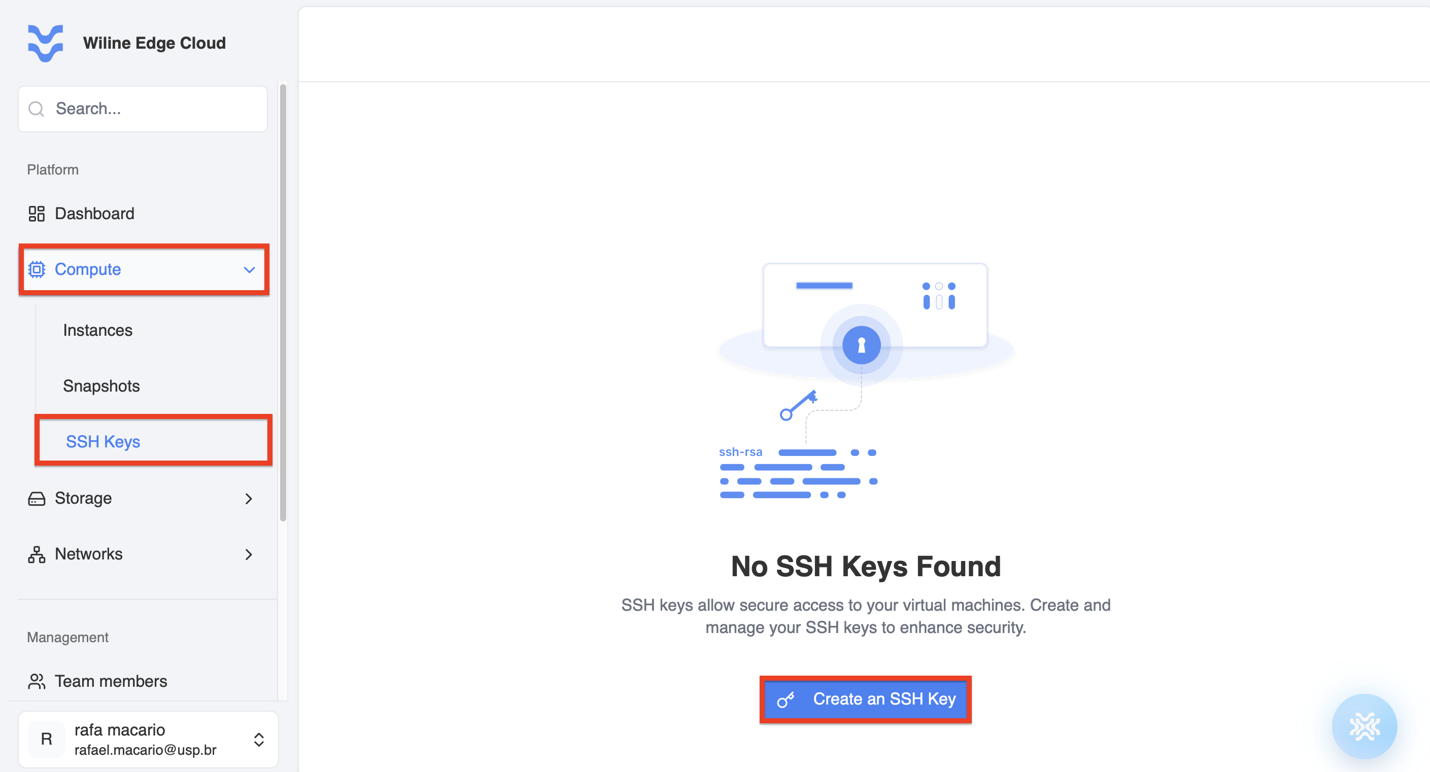 SSH Keys page showing no keys configured