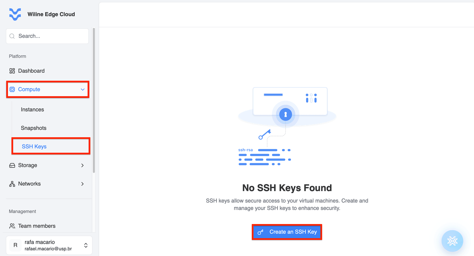 SSH Keys page showing no keys configured
