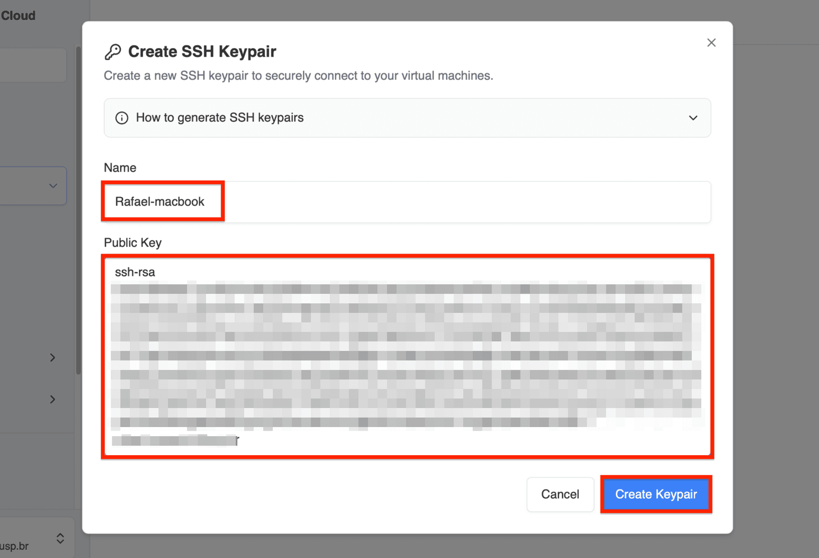 SSH Keys page showing a configured key