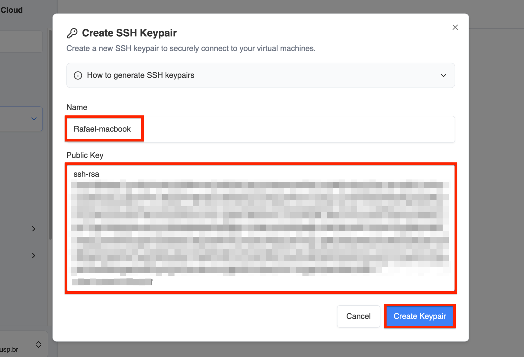 SSH Keys page showing a configured key