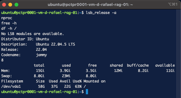 Terminal showing OS version, CPU, RAM and disk