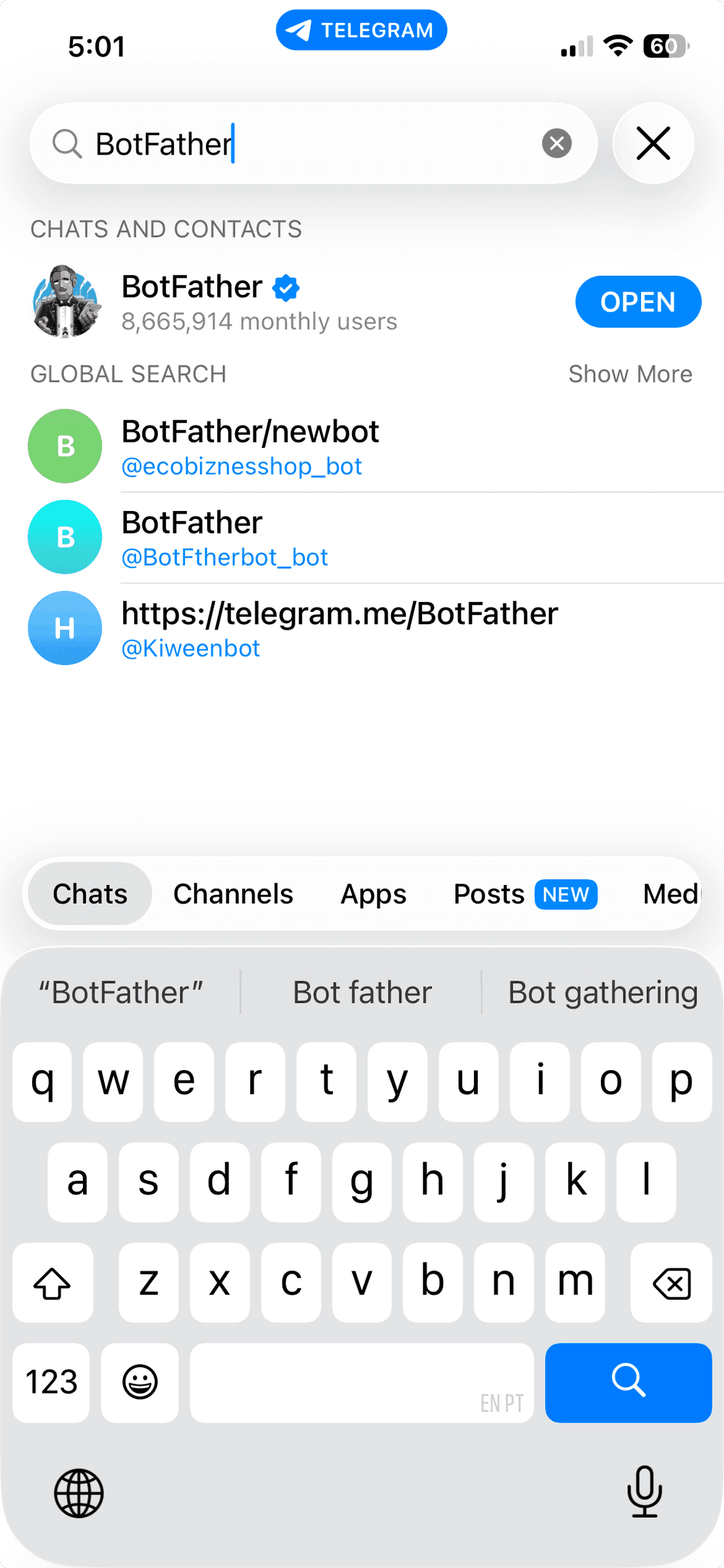 Searching for BotFather in Telegram