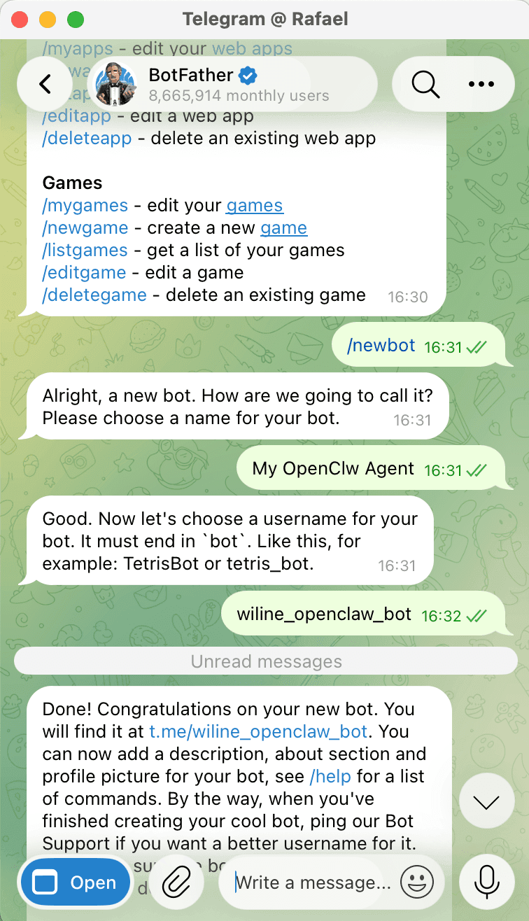 BotFather issuing the bot token