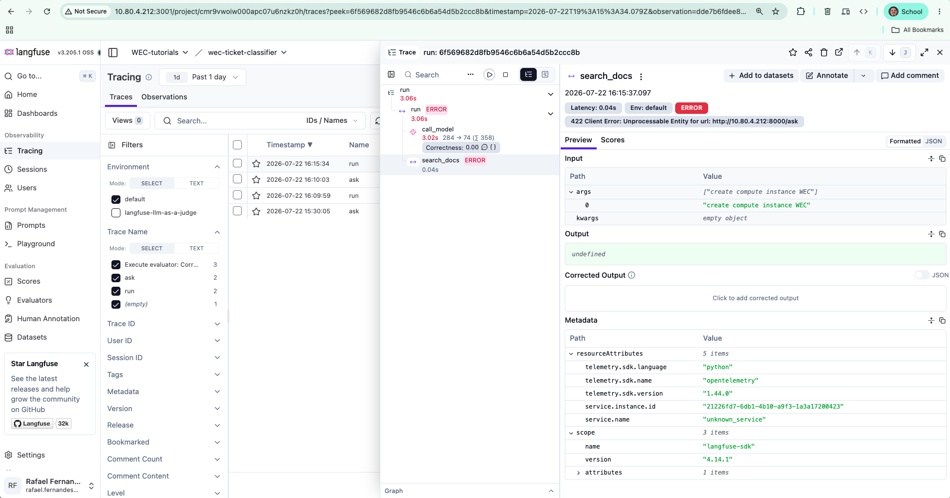 The broken trace: call_model green, search_docs red with a 422 error