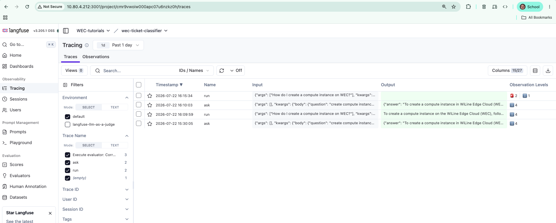 The Langfuse traces list showing a run trace and an ask trace