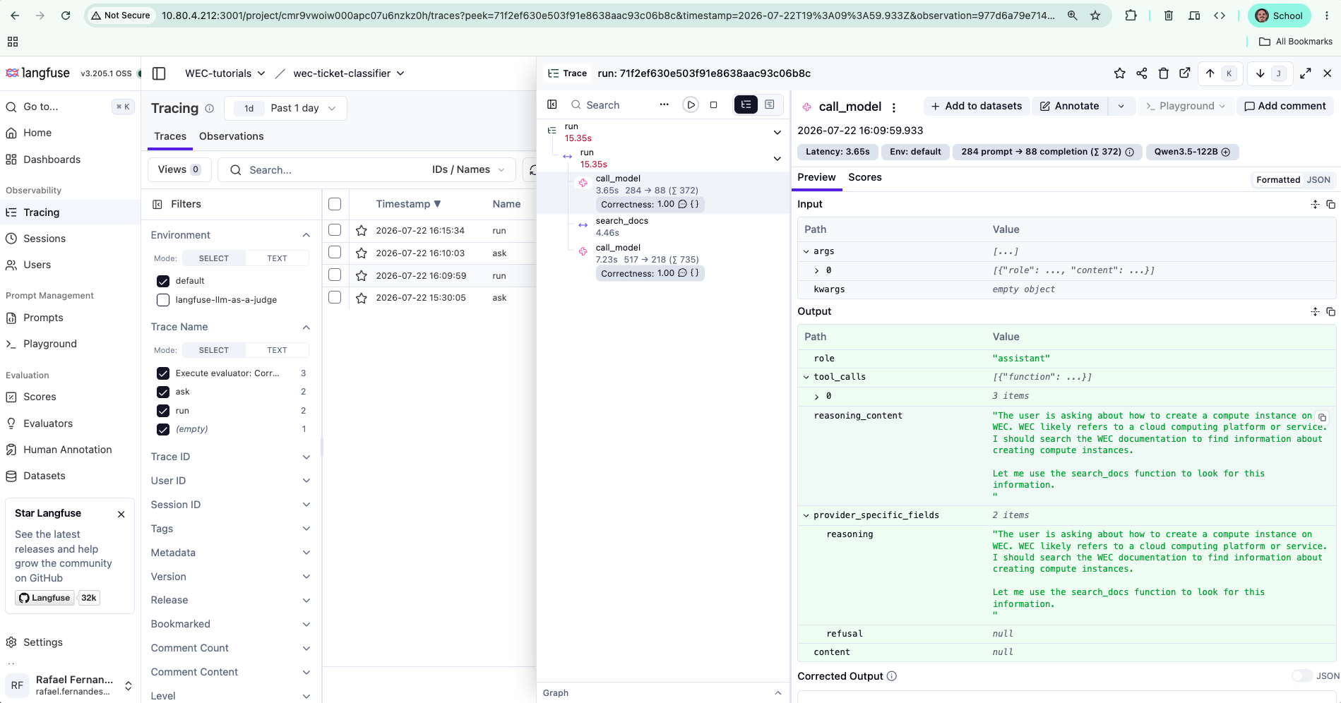 The call_model node showing reasoning_content and tool_calls in Langfuse