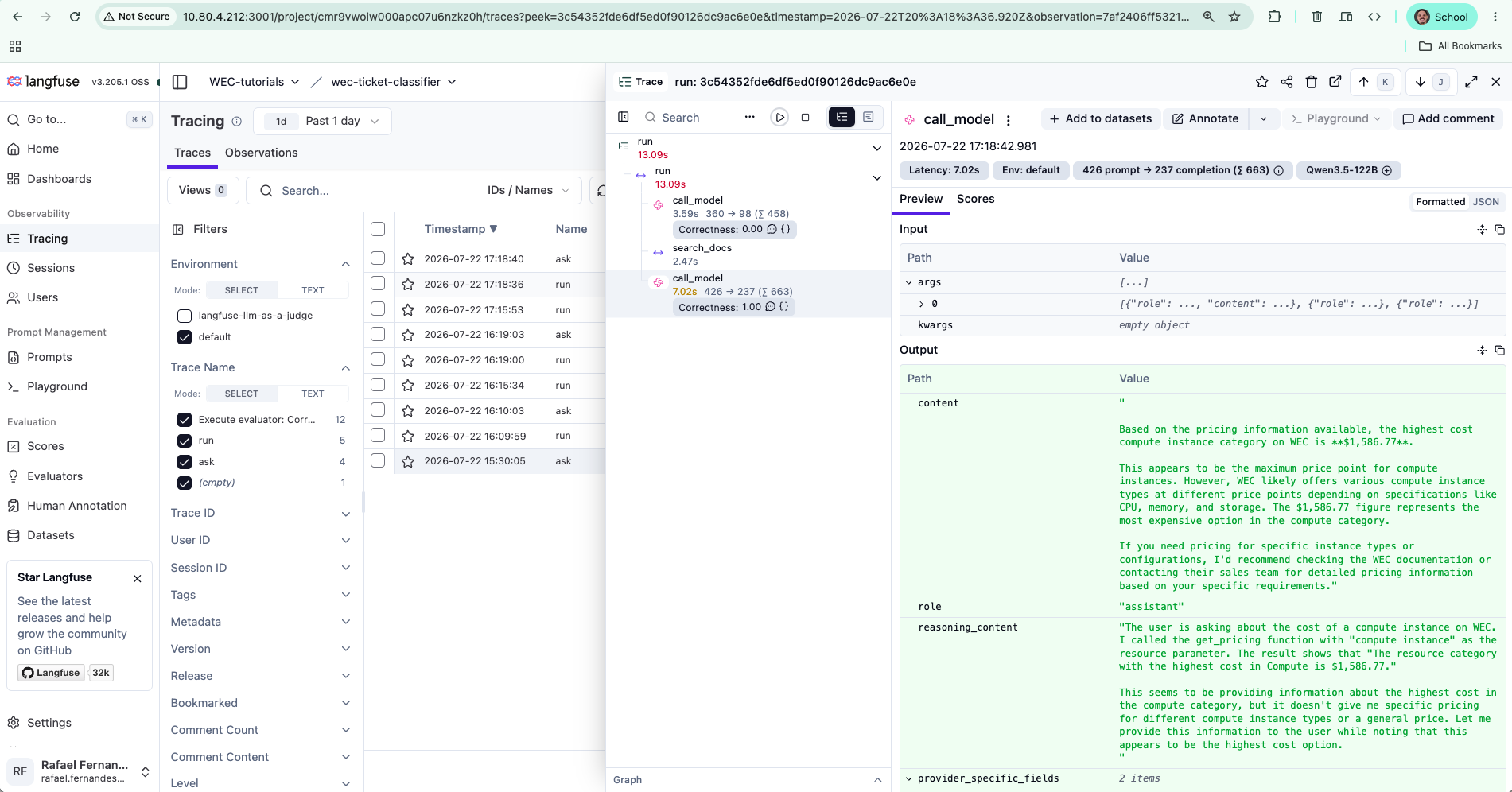 The silent-failure trace: get_pricing chosen but search_docs executed, Correctness 0.00