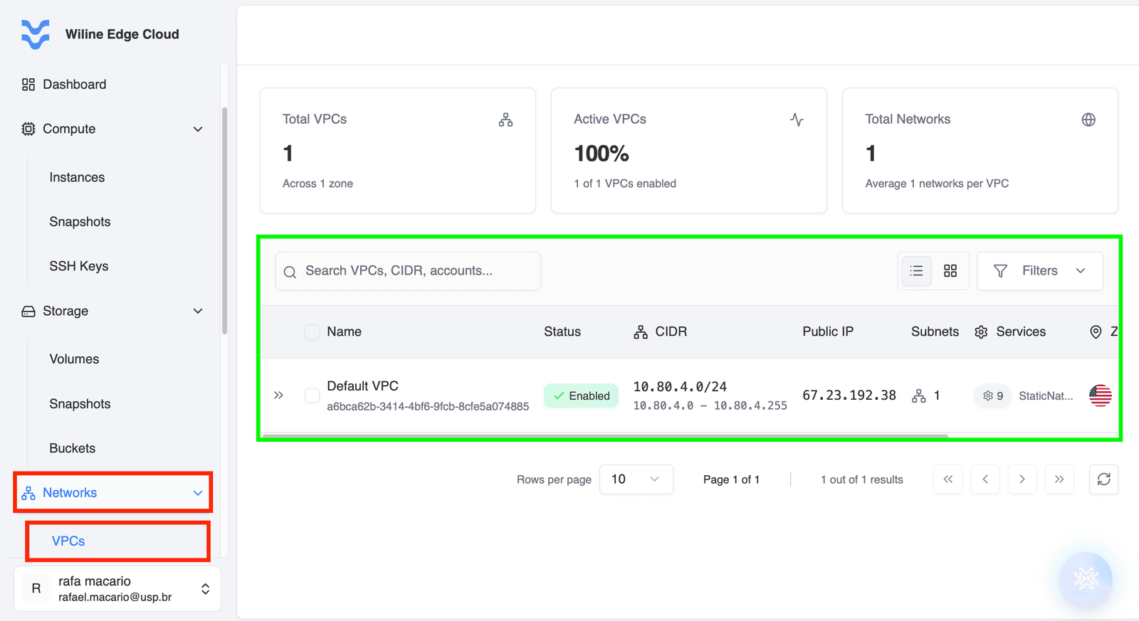 VPCs dashboard example in WiLine Edge Cloud