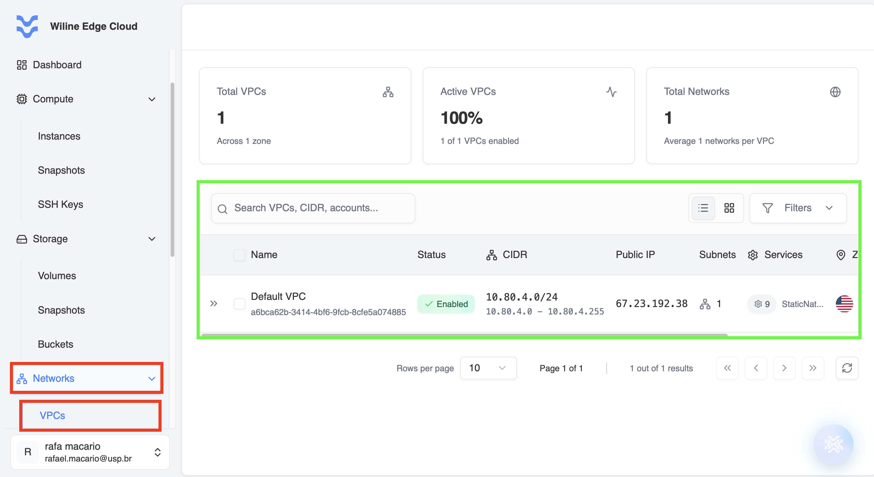 VPCs dashboard example in WiLine Edge Cloud