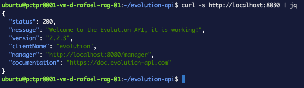Evolution API responding on port 8080 with the welcome payload