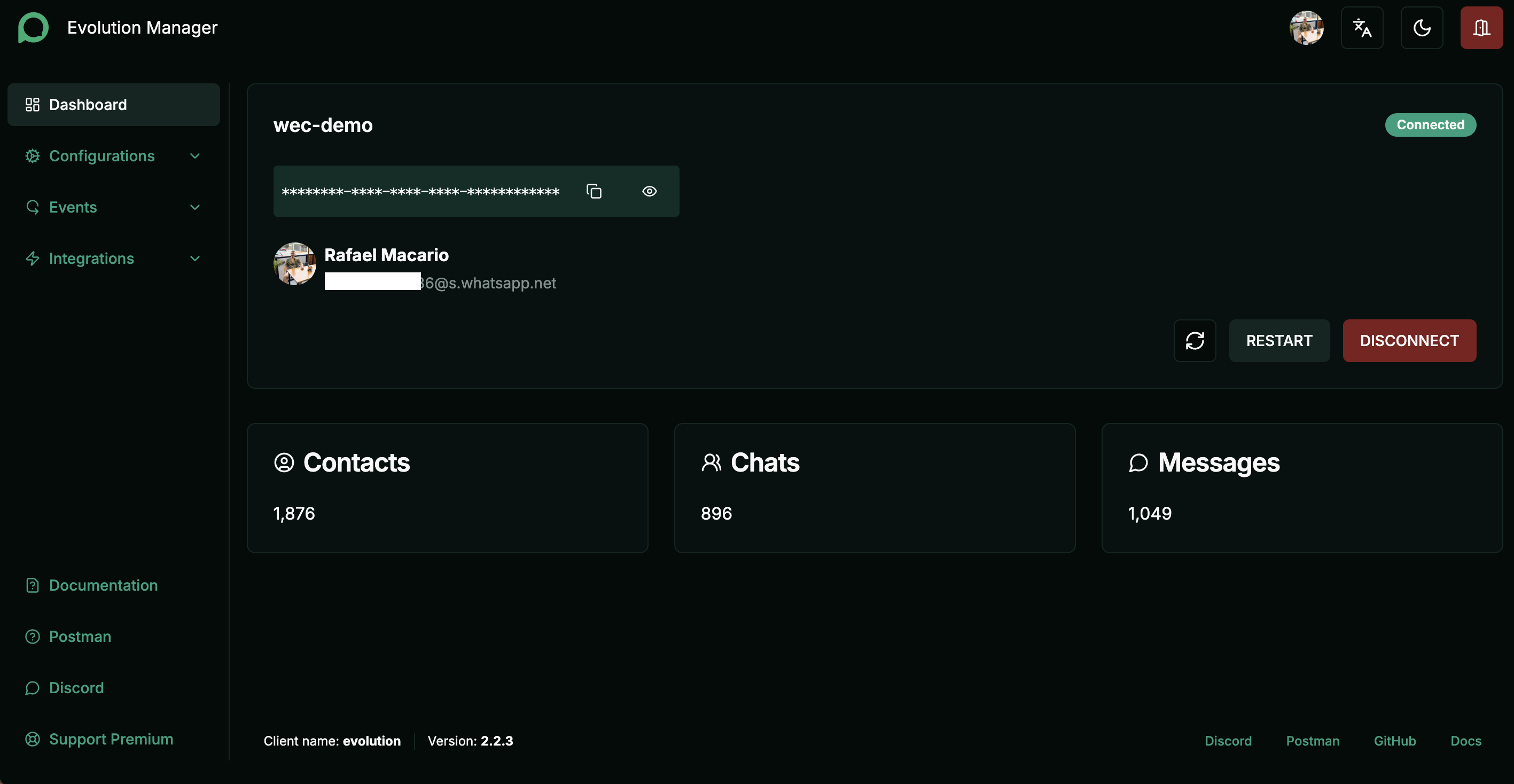 Evolution Manager showing the wec-demo instance connected