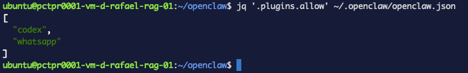 plugins.allow now lists codex and whatsapp