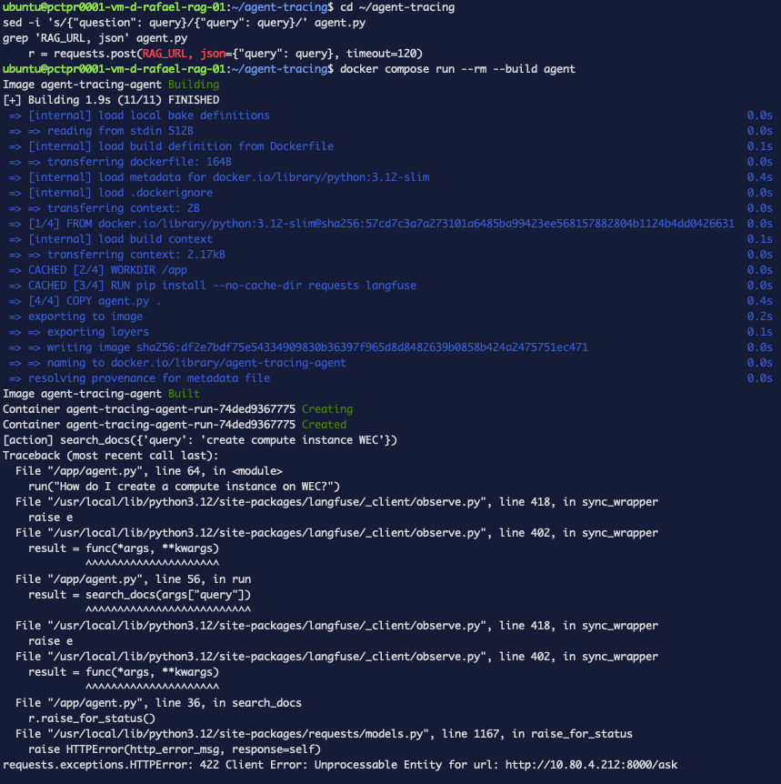 El terminal mostrando un rastreo de error HTTP 422