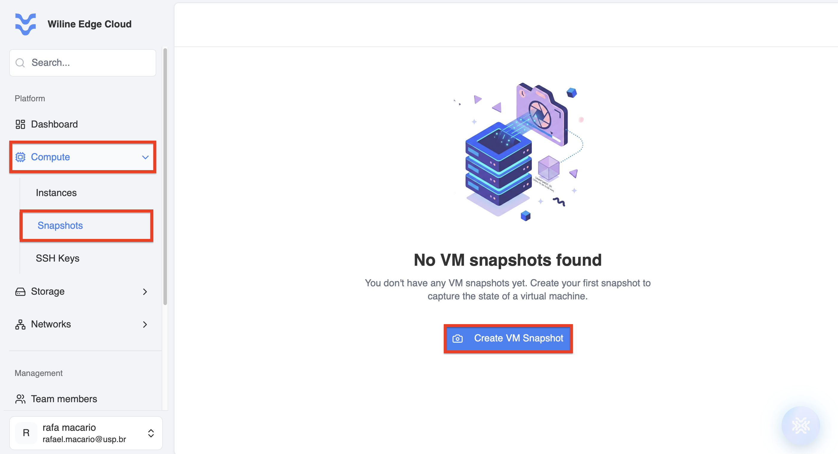Página de Snapshots con el botón Crear Snapshot de VM