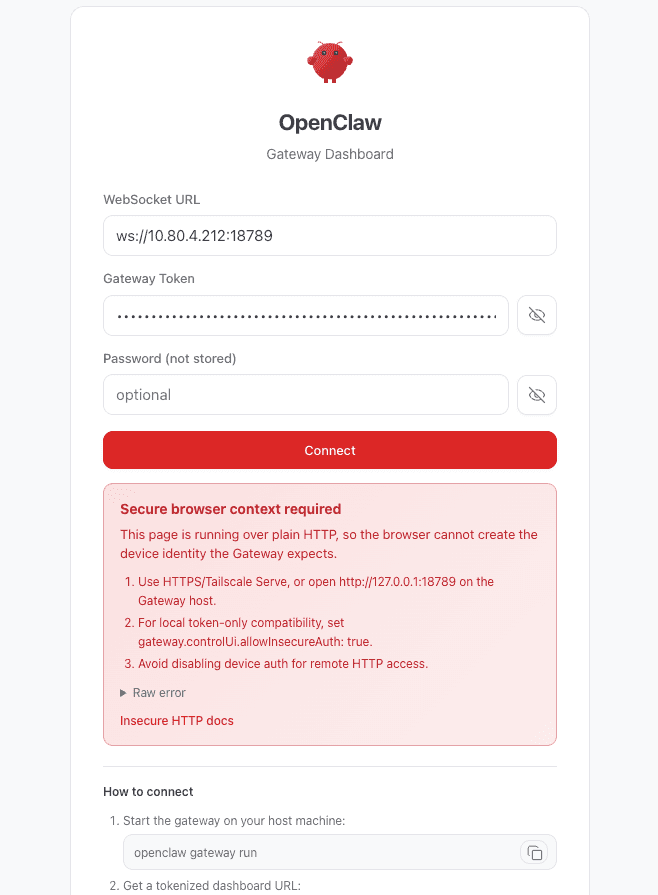 El mensaje rojo "Secure browser context required" en la Control UI