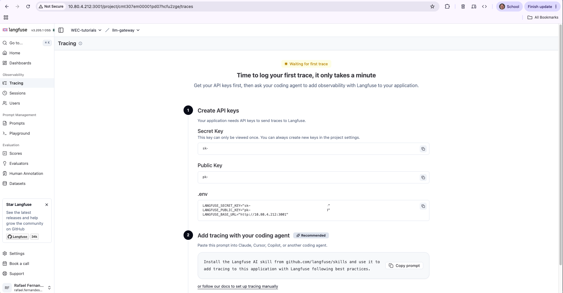 La pantalla de configuración del proyecto de Langfuse mostrando las claves secreta y pública