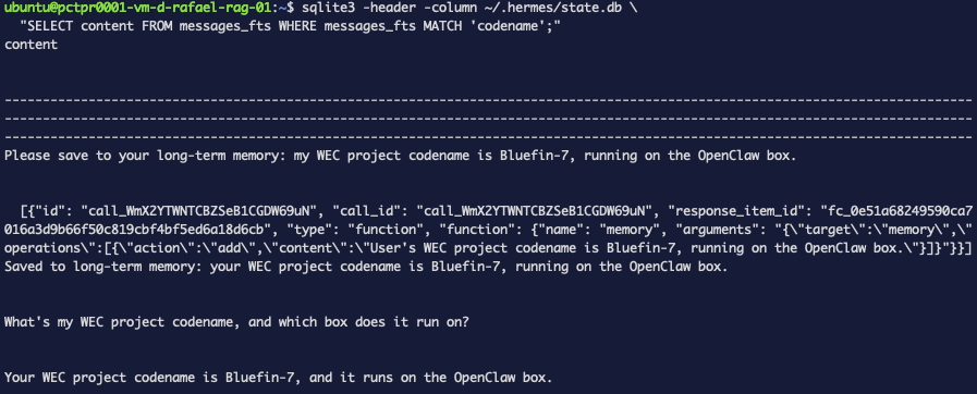 La llamada a la herramienta de memoria registrada en la tabla de mensajes — la operación de adición que escribió el hecho de Bluefin-7 en MEMORY.md