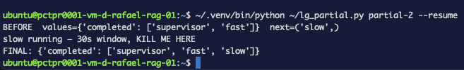 La ejecución reanudada mostrando fast recuperado de Postgres y solo slow pendiente