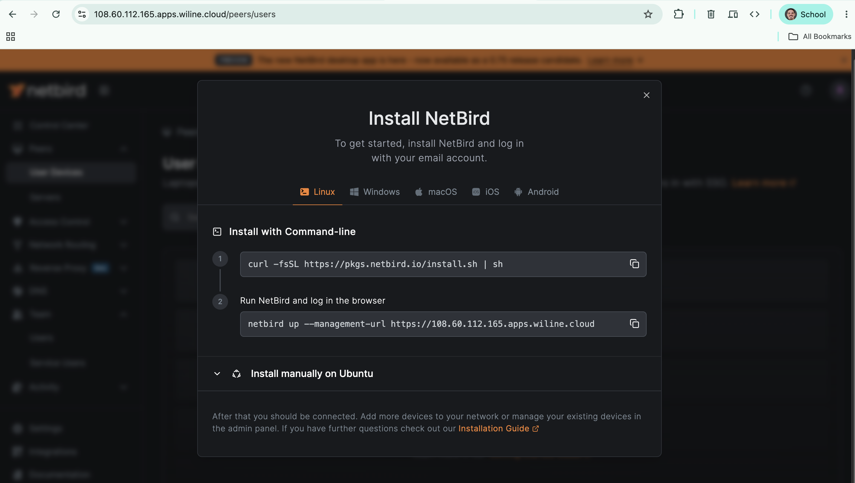 Add Peer en el dashboard autoalojado — fíjate en el flag --management-url