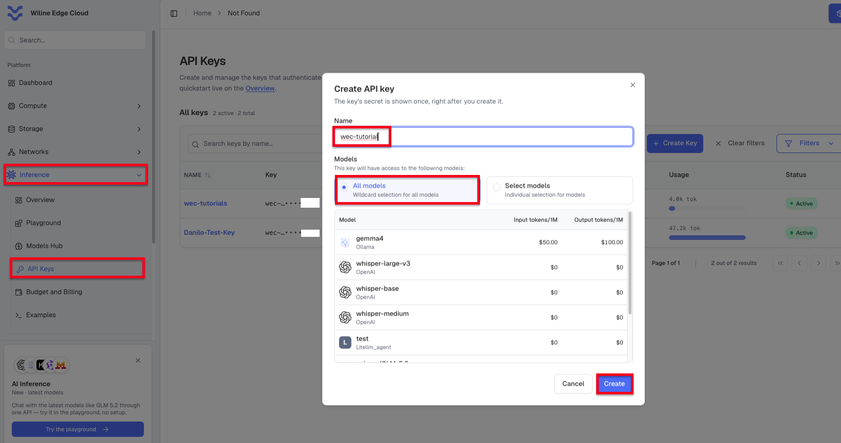La página de claves API del portal WiLine