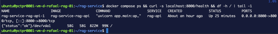 The containerized service alive — compose ps + health check