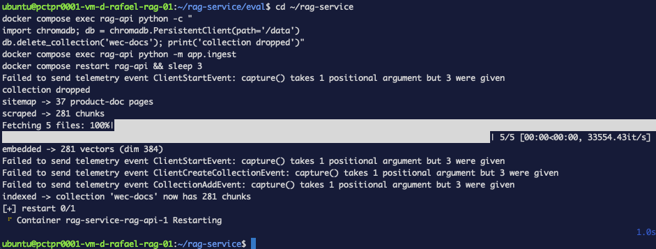 Ingest run — 37 pages, 281 chunks, embedded and indexed