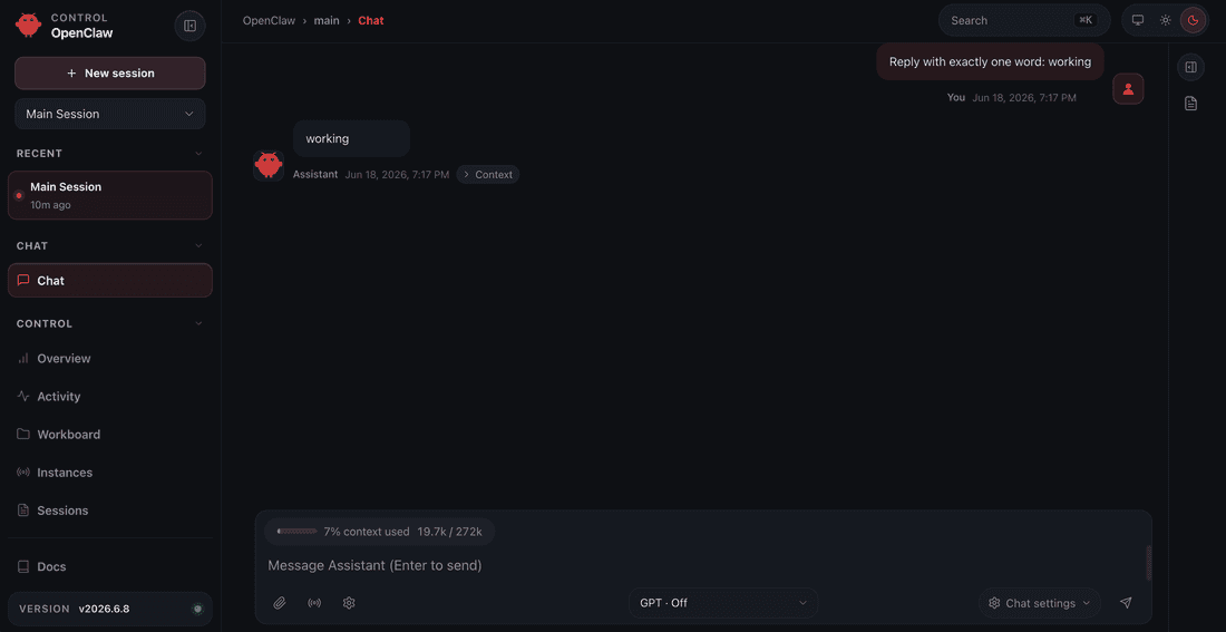 Control UI de OpenClaw en el navegador, con sesión iniciada
