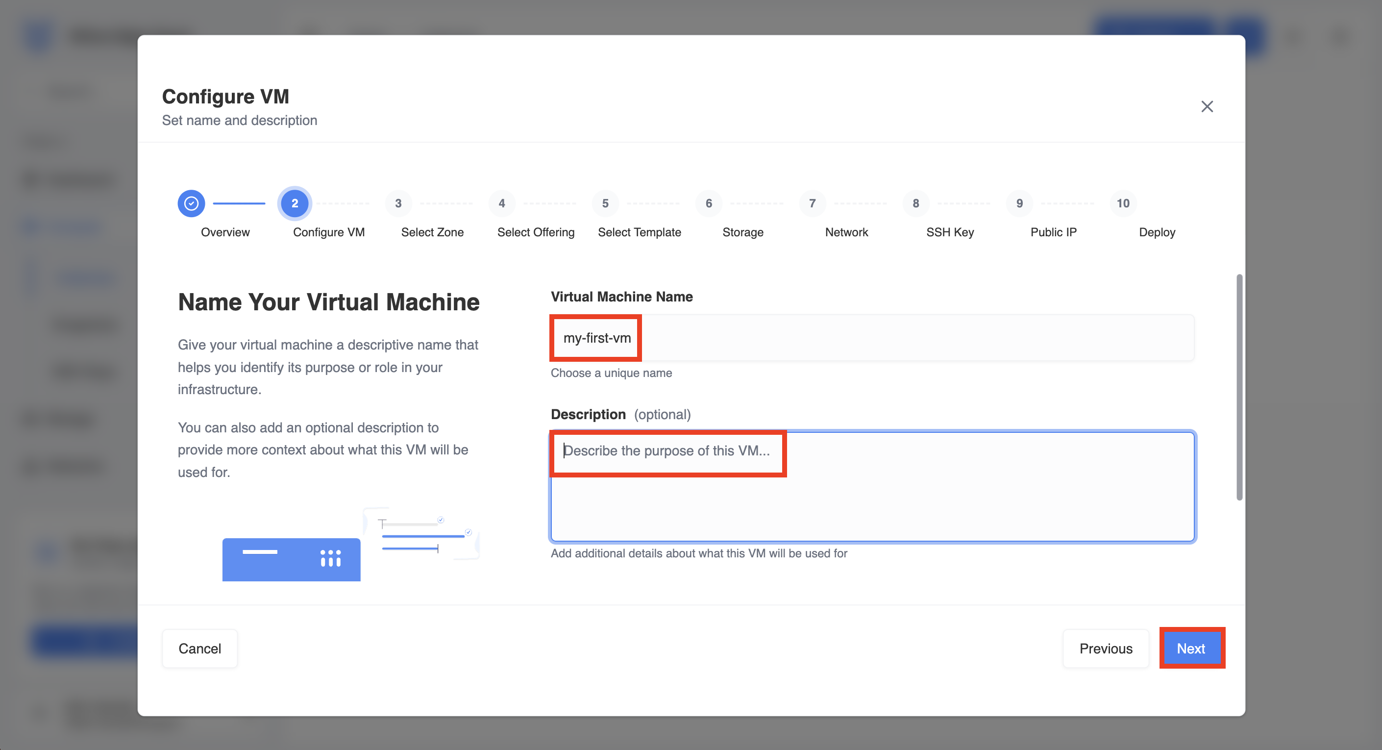 Paso de configuración de VM